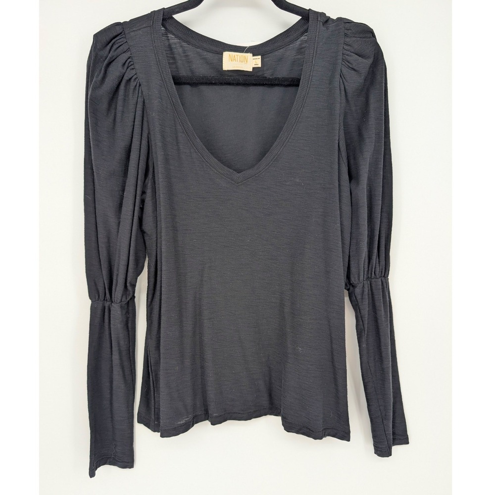 Nation LTD Emilia Drama Puff Sleeve V-Neck Top L Black Pima Cotton Quiet Luxury